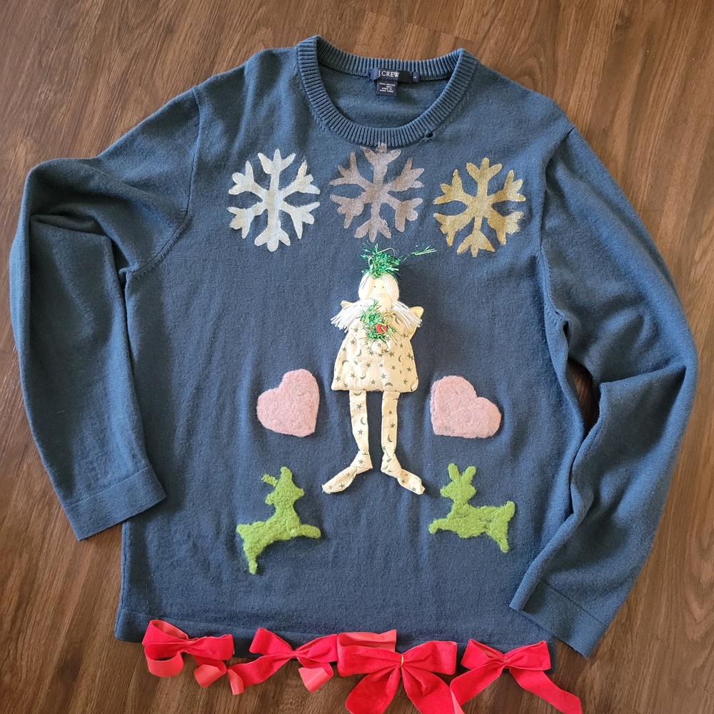 J CREW Women’s Holiday Editions Blue Christmas pullover sweater Size L #58